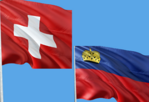 Flags of Switzerland and Liechtenstein on blue background