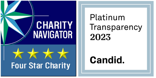 Charity Navigator Four Star Charity and Candid Platinum Transparency 2023 seals