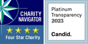 Charity Navigator 4-star seal and Candid Platinum Transparency 2023 seal