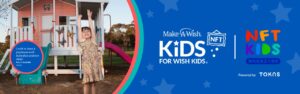 A banner entitled "NFT kids for Wish Kids" with a little girl jumping in a blue background