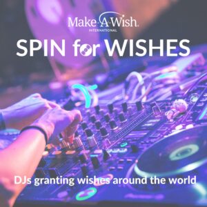 A image entitled "Spin for Wishes" with two hands using a mixing table