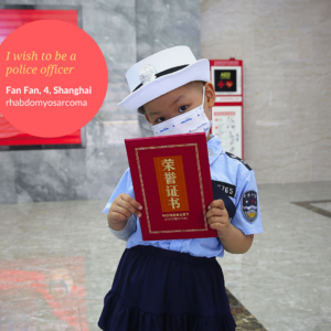 a child hiding a red envelope dressed in a police uniform.
