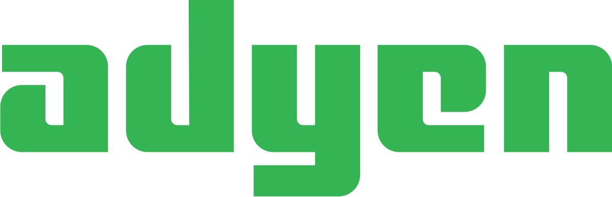 The green Adyen logo features the company name in a modern, bold, lowercase font on a transparent background.