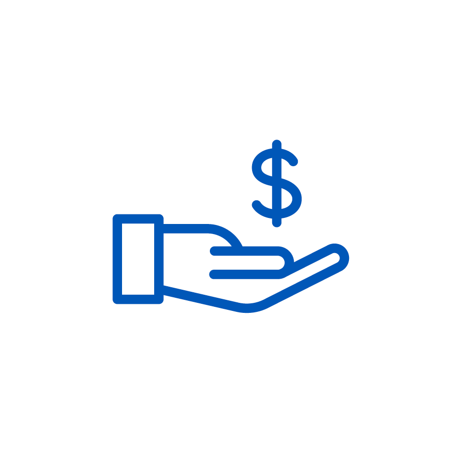 Blue outline of an open hand with a dollar sign hovering above it, centered on a white circular background, symbolizing receiving money or financial assistance.