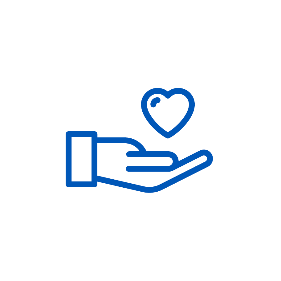 A blue outline of an open hand with a heart hovering above it, centered on a white circular background.