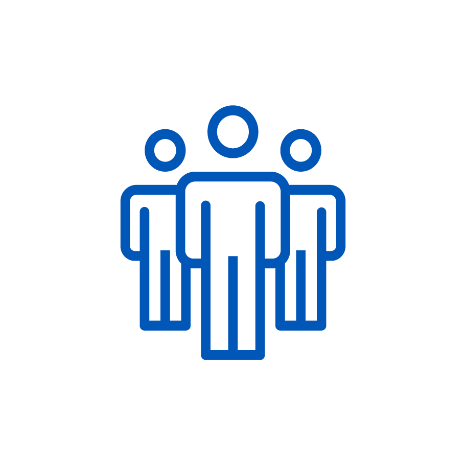A blue outline icon of three people standing together, with one person in front and two behind, on a white circular background.