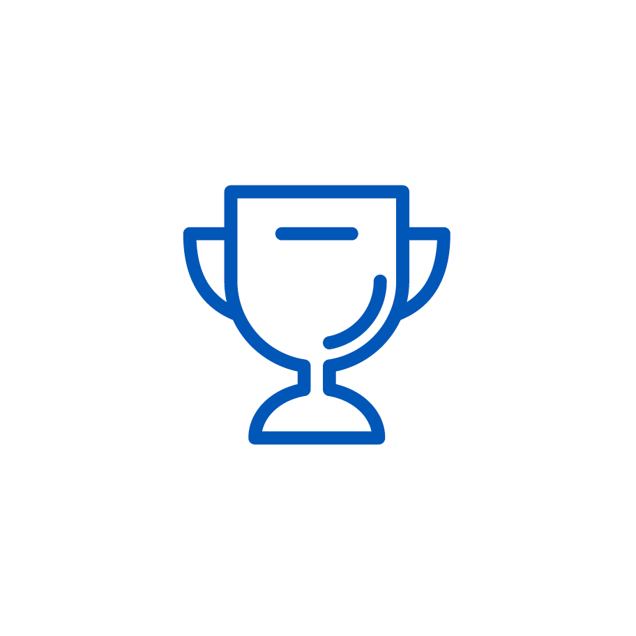 A simple blue line drawing of a trophy cup icon is centered on a white circular background.