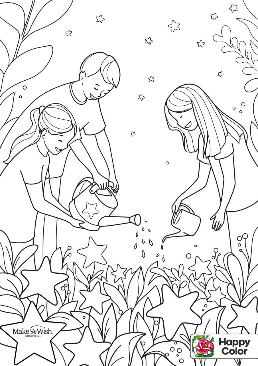 Color for Wishes art Coloring book image of people watering a garden of stars