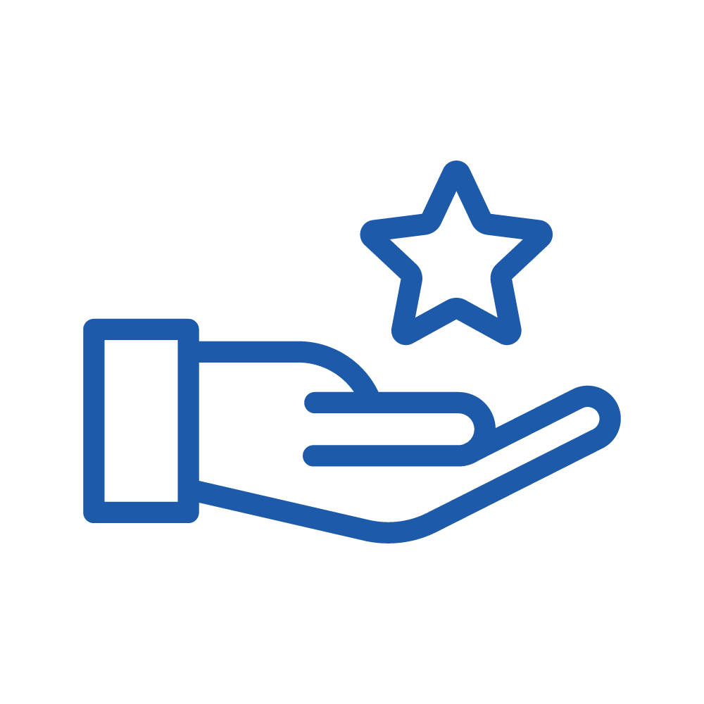 Blue outline icon of an open hand holding a star above the palm, symbolizing service, care, or quality. The background is white.