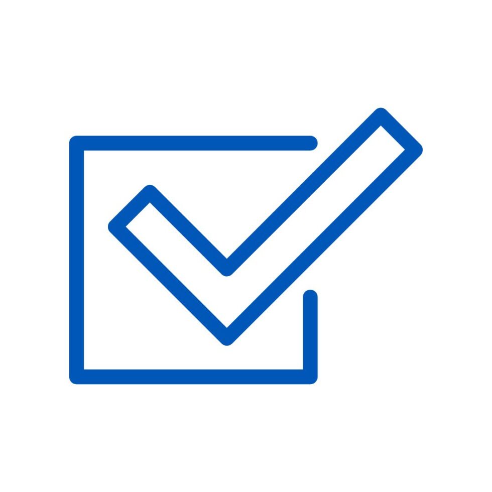 A blue check mark inside a partially open blue square on a white background, symbolizing approval or completion.