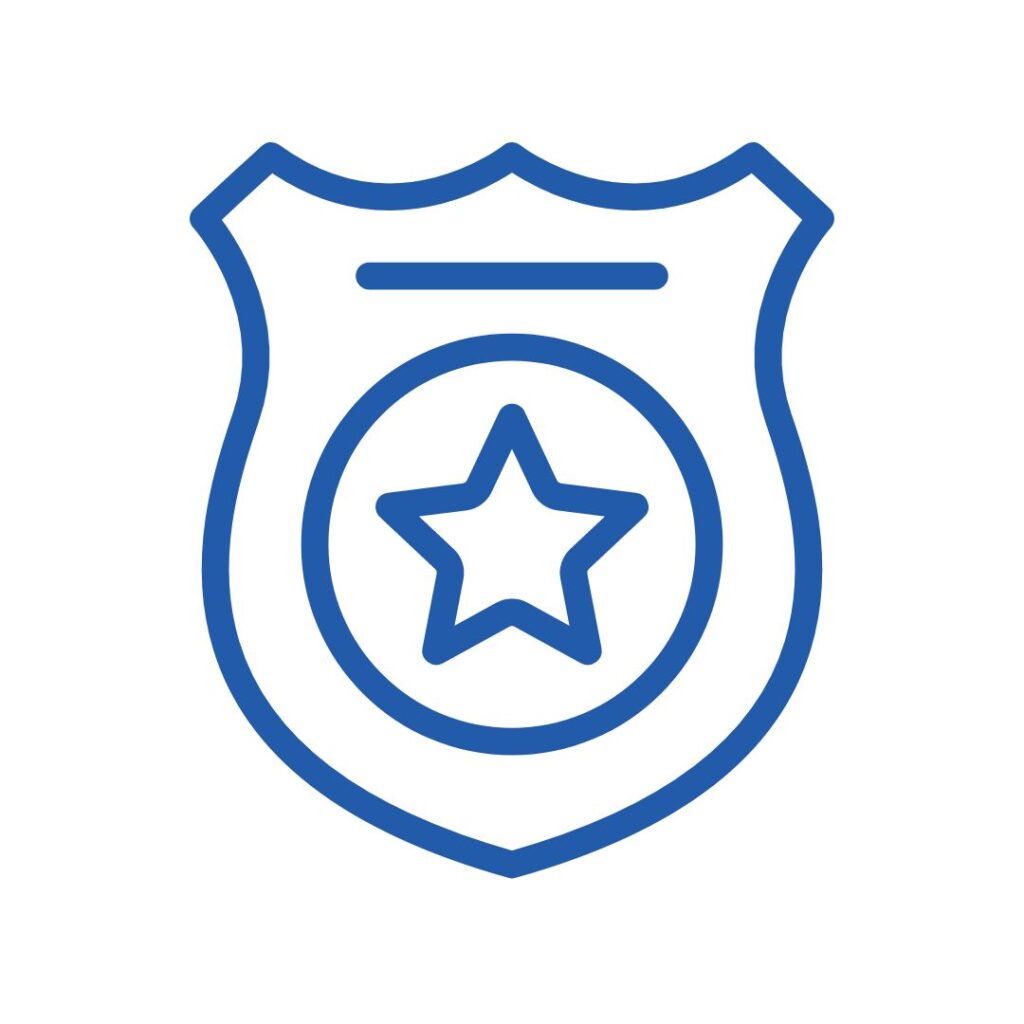 Blue outline of a police badge with a five-pointed star in the center, on a white background.