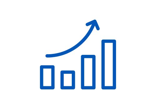 A blue bar chart with four rising bars and an upward-curving arrow above them, symbolizing growth or increasing progress, on a white background.