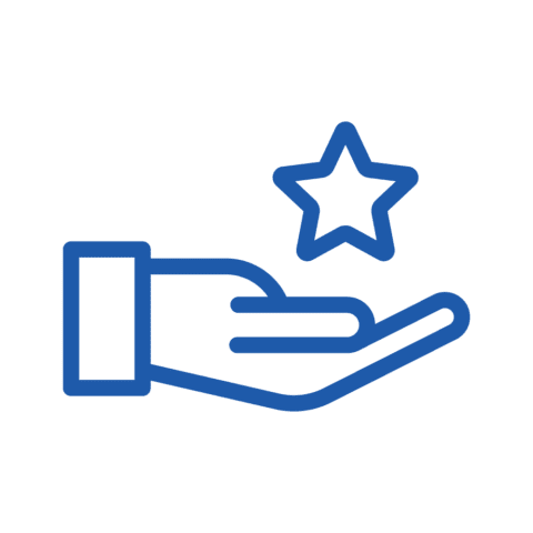 Blue outline of an open hand facing upward with a star hovering above the palm, symbolizing giving, service, or achievement.