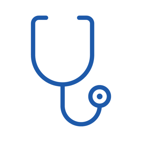 A simple blue line drawing of a stethoscope, commonly used as a symbol for healthcare or medicine, on a transparent background.