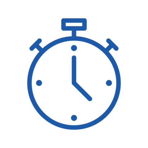 Blue outline icon of a stopwatch showing the time at 2 o’clock, with two buttons on top and small dots marking positions on the clock face.