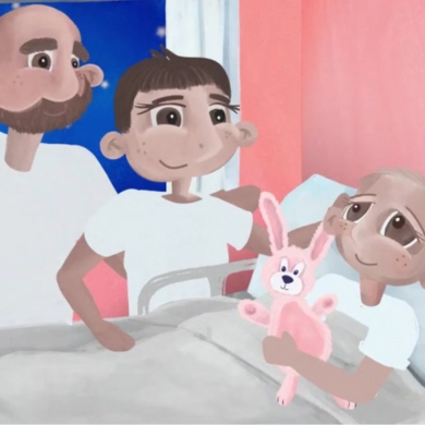Illustration of three people in a hospital room. A child in bed holds a pink stuffed bunny, smiling, with an adult and another child beside them, all wearing white shirts and showing supportive expressions.