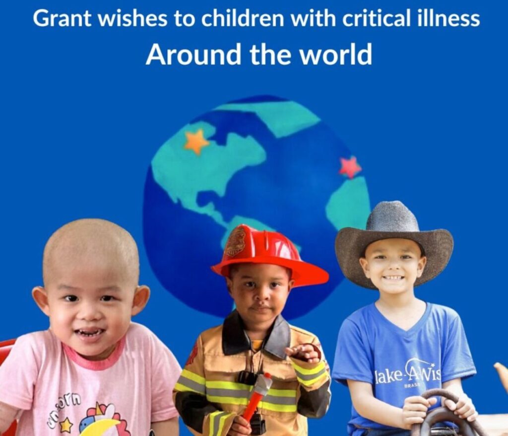 Three smiling children—one bald, one dressed as a firefighter, and one wearing a cowboy hat—stand in front of an illustrated globe with stars, under the text “Grant wishes to children with critical illness around the world.”.