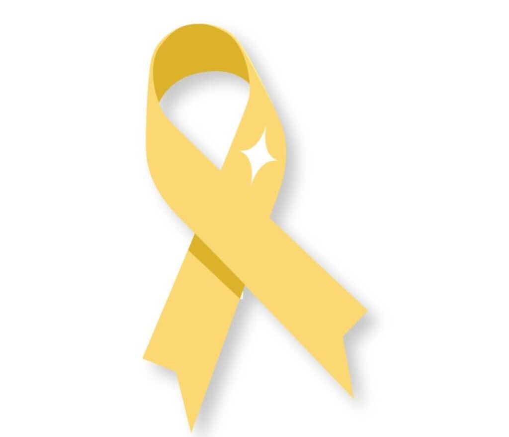 A yellow awareness ribbon with a subtle shine in the center, symbolizing support for various causes such as cancer awareness and suicide prevention, on a white background.
