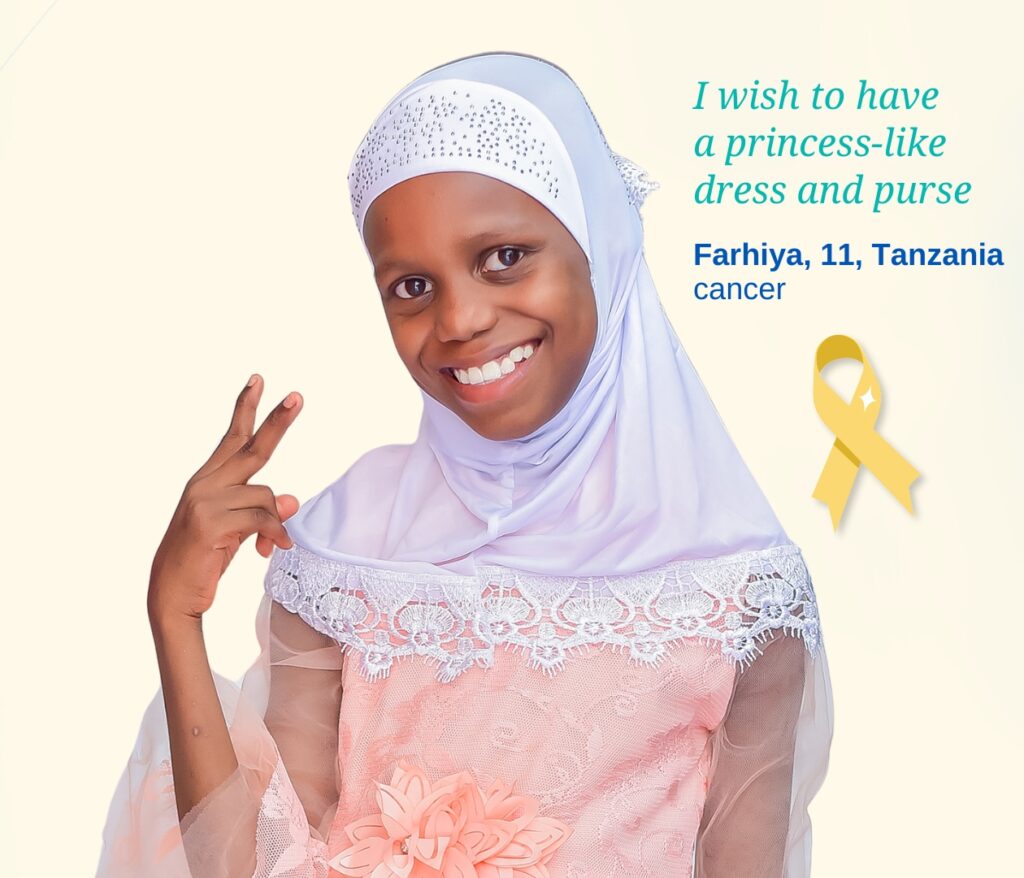 A smiling girl in a white hijab and pink dress makes a peace sign. Text reads: I wish to have a princess-like dress and purse. Farhiya, 11, Tanzania, cancer. A yellow ribbon symbolizes cancer awareness this Childhood Cancer Awareness Month.