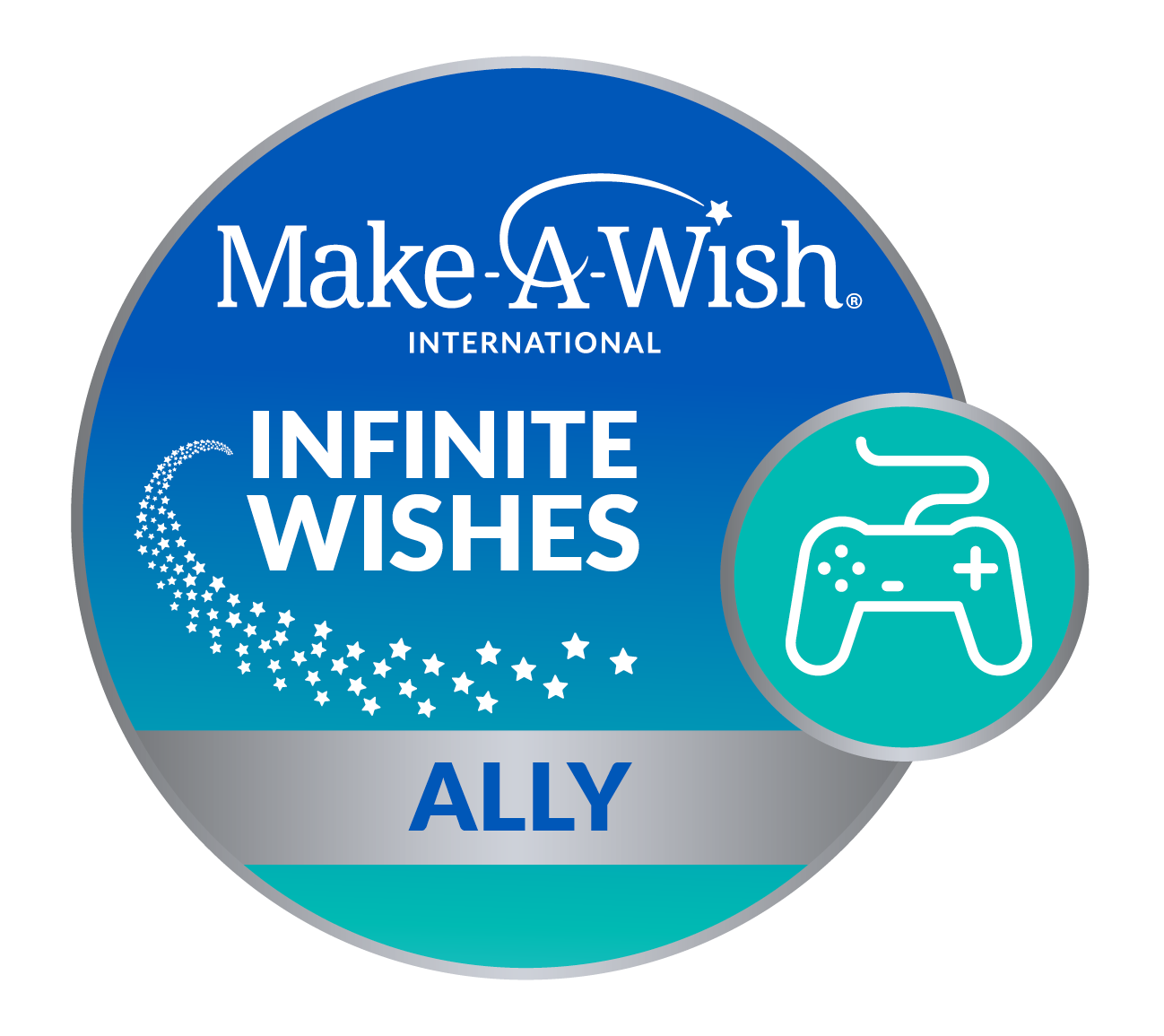 A circular blue badge with Make-A-Wish International Infinite Wishes Ally text, a trail of stars, and an icon of a video game controller in a smaller circle on the right.