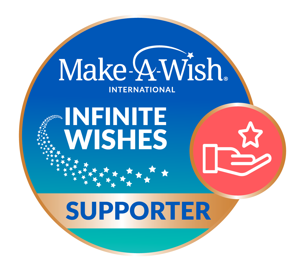 A circular badge with the Make-A-Wish International logo, the words Infinite Wishes Supporter, and an icon of a hand holding a star on a red background. Blue and gold gradient design with star accents.