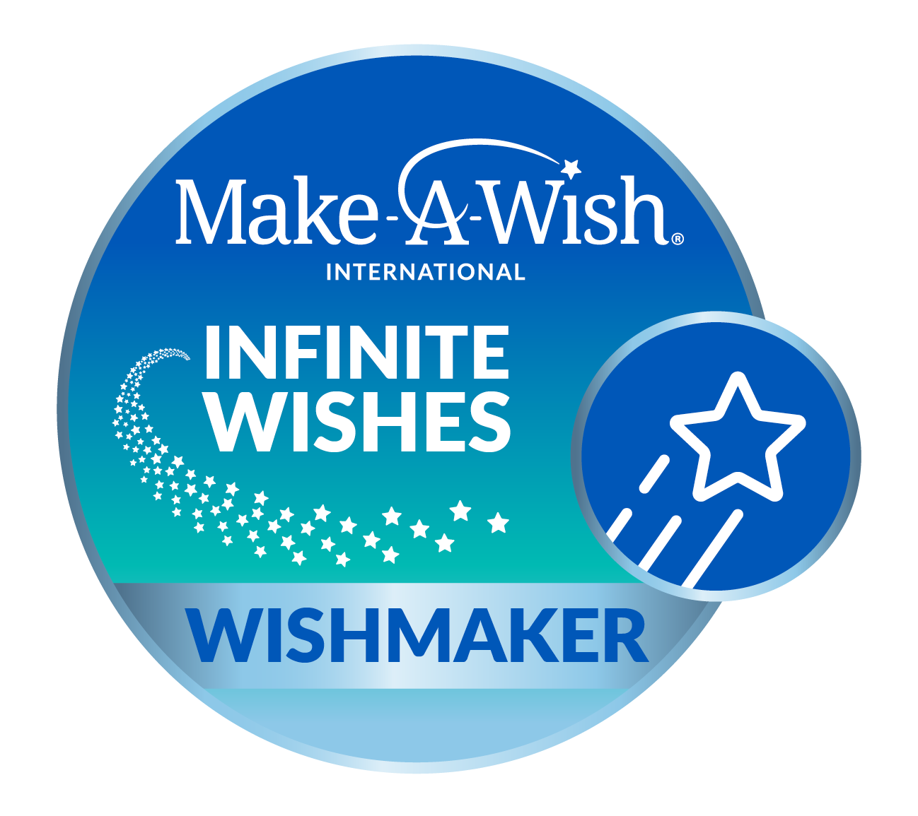 A circular blue badge with “Make-A-Wish International,” “Infinite Wishes,” and “Wishmaker” written on it. The design features a shower of stars and a shooting star inside a smaller circle on the right.