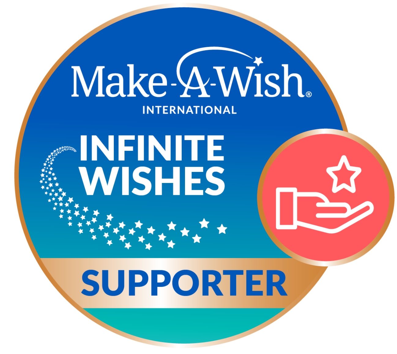 A circular Make-A-Wish International Infinite Wishes Supporter badge with stars trailing across it and a hand holding a star icon in a smaller red circle on the right.