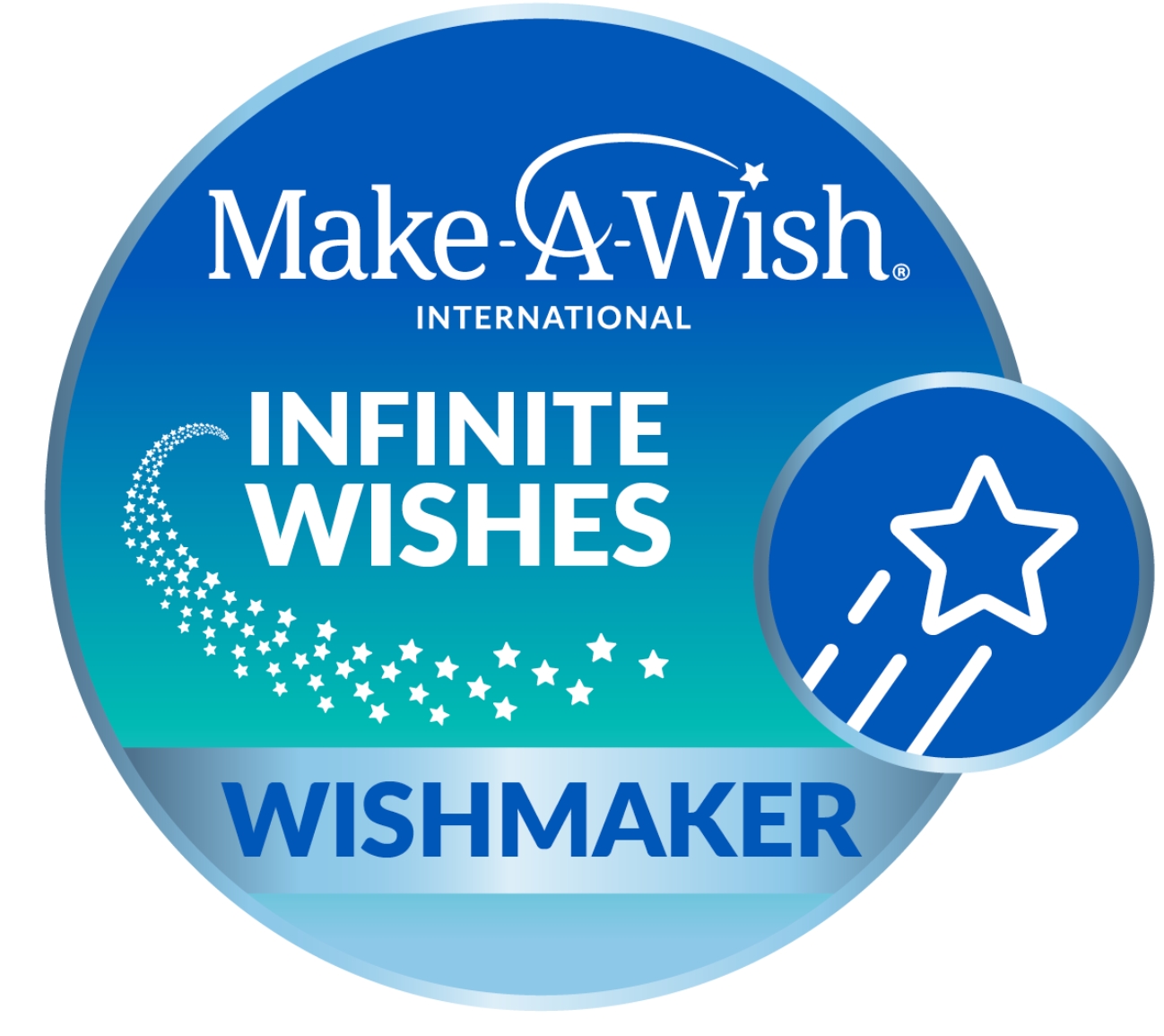 A round blue badge with the Make-A-Wish International logo, the text “Infinite Wishes” and “Wishmaker,” with a shooting star icon and a trail of smaller stars.
