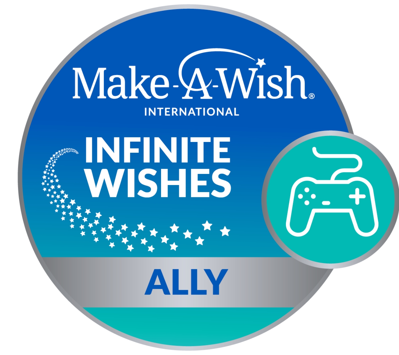 A circular blue and teal badge with the Make-A-Wish International logo, the words INFINITE WISHES ALLY, and an icon of a video game controller with a trail of stars.