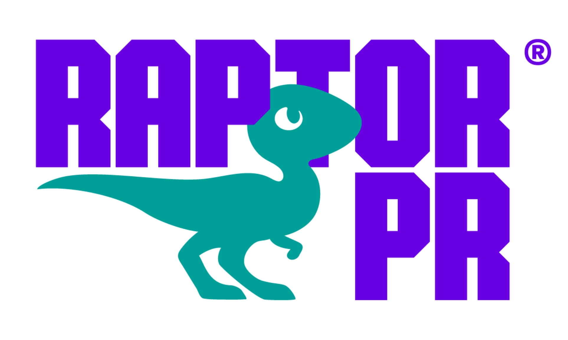 Logo with bold purple text RAPTOR PR and a stylized teal dinosaur, facing right, positioned between the words. The background is white.