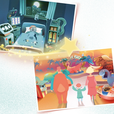 This Childhood Cancer Awareness Month, a child in a hospital bed dreams of visiting a colorful dinosaur park, pictured as a bright, joyful scene filled with adults, dinosaurs, and festive decorations.