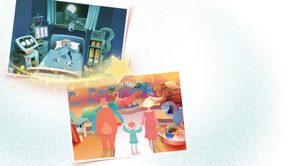 Two images: one shows a child in a hospital bed at night, connected to monitors; the other shows the child and two animals entering a bright, colorful fantasy world with dinosaurs and palm trees.