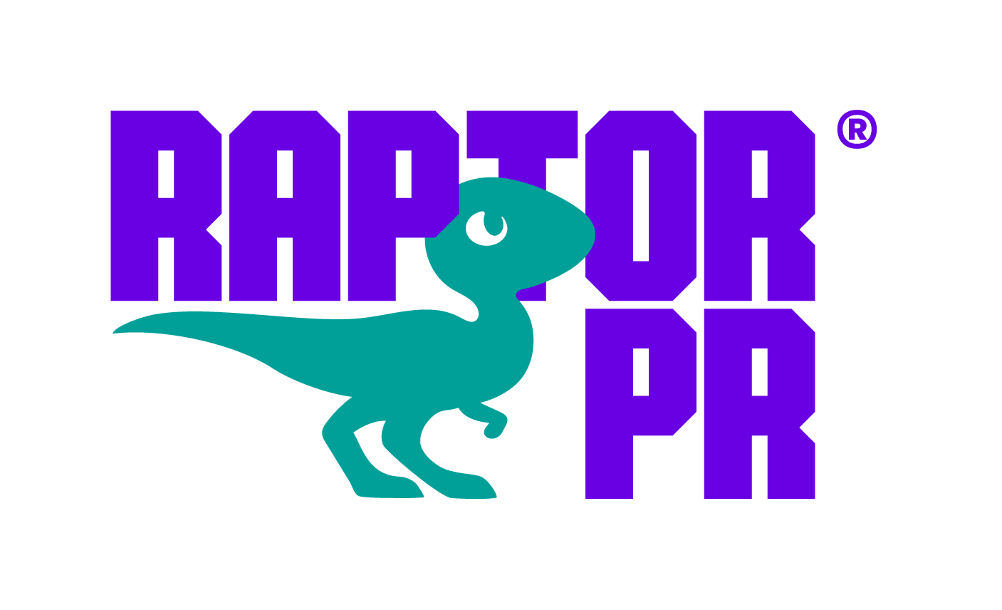 Logo for Raptor PR featuring bold, purple block letters with a stylized teal dinosaur silhouette positioned between the words RAPTOR and PR on a white background.