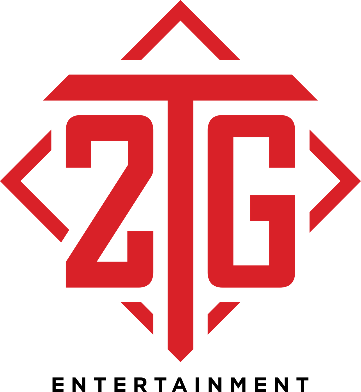 Red geometric logo with bold letters 2TG in the center, surrounded by angular arrow shapes pointing outward, and the word ENTERTAINMENT in black capital letters below.