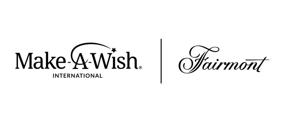Black and white logos for Make-A-Wish International and Fairmont are shown side by side, separated by a vertical line, on a white background. The elegant Fairmont logo contrasts beautifully with the Make-A-Wish emblem.