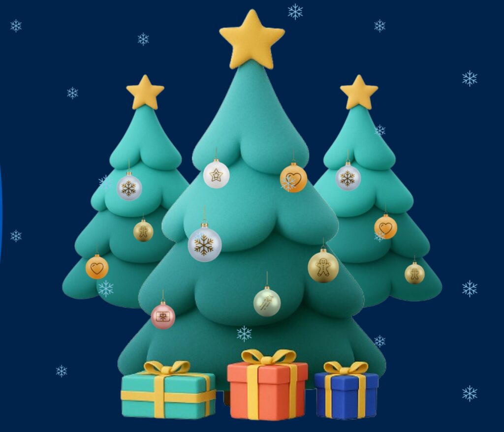 Drei stilisierte Weihnachtsbäume mit Sternen als Spitzen und Ornamenten stehen vor einem dunkelblauen Hintergrund mit Schneeflocken. Drei verpackte Geschenkkartons mit Schleifen stehen vor den Bäumen.
