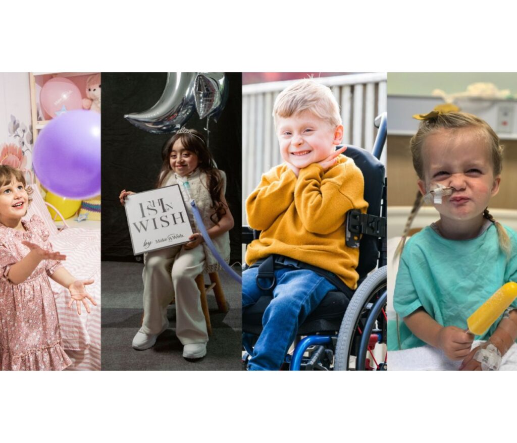 Four children are shown in different settings: a girl in a pink dress with balloons, a girl holding “1st Wish” sign and balloons, a smiling boy in a yellow sweater in a wheelchair, and a girl with a popsicle and medical equipment.