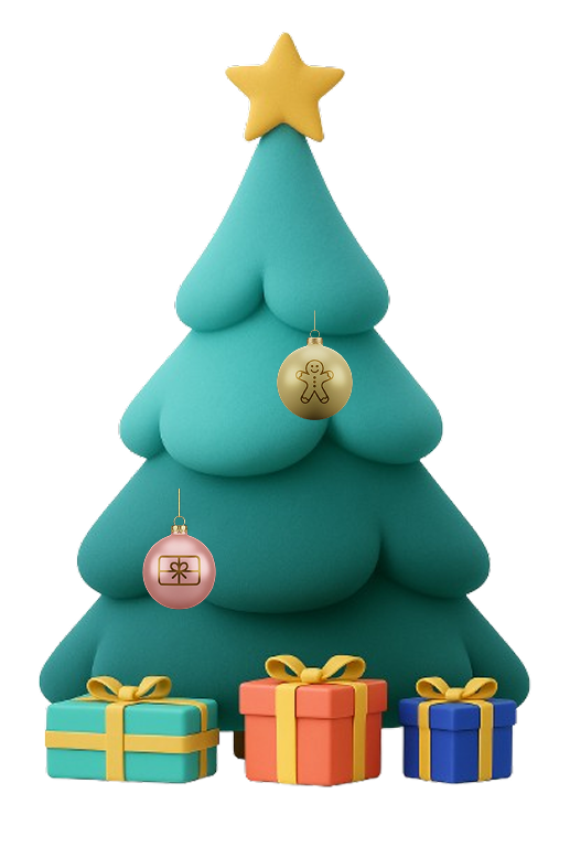 A stylized Christmas tree with a yellow star on top, decorated with two ornaments and surrounded by three wrapped gifts with bows at the base.