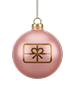 A pink Christmas ornament with a gold cap, featuring a gold outline of a gift box with a bow on its front, hanging from a thin gold string against a plain background.