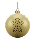 A gold Christmas ornament featuring a simple black outline drawing of a smiling gingerbread man, hanging by a thin string against a plain white background.