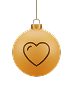 A gold Christmas ornament with a black heart outline in the center, hanging by a thin string against a plain white background.