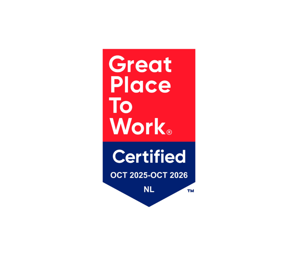 A badge with a red top and blue bottom reads Great Place To Work Certified OCT 2025-OCT 2026 NL on a white background, representing the rewarding experience of building your career at Make-A-Wish.