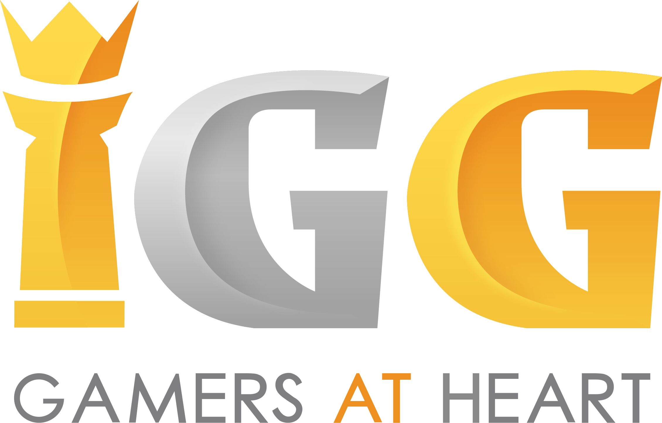 Logo with a stylized gold chess piece forming the letter “I,” followed by large gray and yellow letters “G G.” Below, the text reads “GAMERS AT HEART.”.