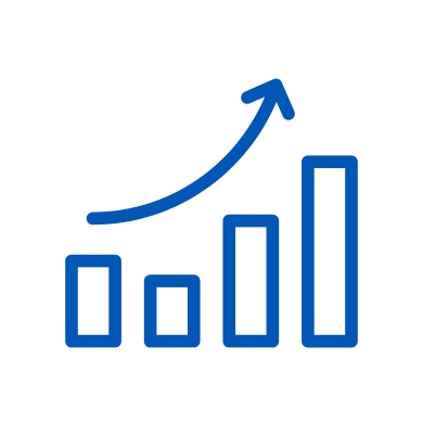 A blue bar chart with four ascending bars and an upward-curving arrow above them, illustrating growth—perfect for representing positive progress from regular giving or monthly donation programmes like Make-A-Wish, on a white background.