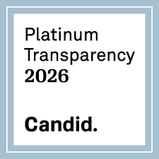 A white square badge with a light blue border reads Platinum Transparency 2026 in black text, with Candid. bolded at the bottom, highlighting our commitment to Peace, Justice and Strong Institutions in support of the Sustainable Development Goals.