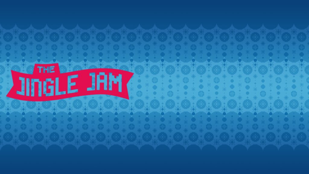 A blue patterned background with a red banner on the left that reads Jingle Jam 2026 in bold white letters. The pattern features lighter blue holiday-themed icons, celebrating the Make-A-Wish partnership.