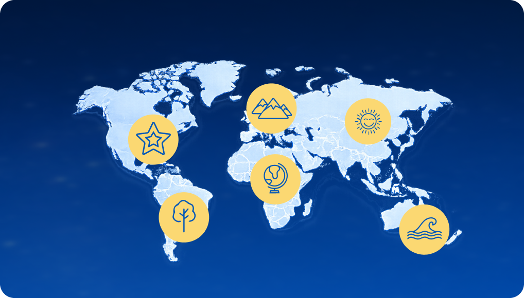 A world map with six yellow circular icons, each featuring different symbols: a star, mountains, sun, light bulb, tree, and ocean waves, placed over various continents on a blue background.