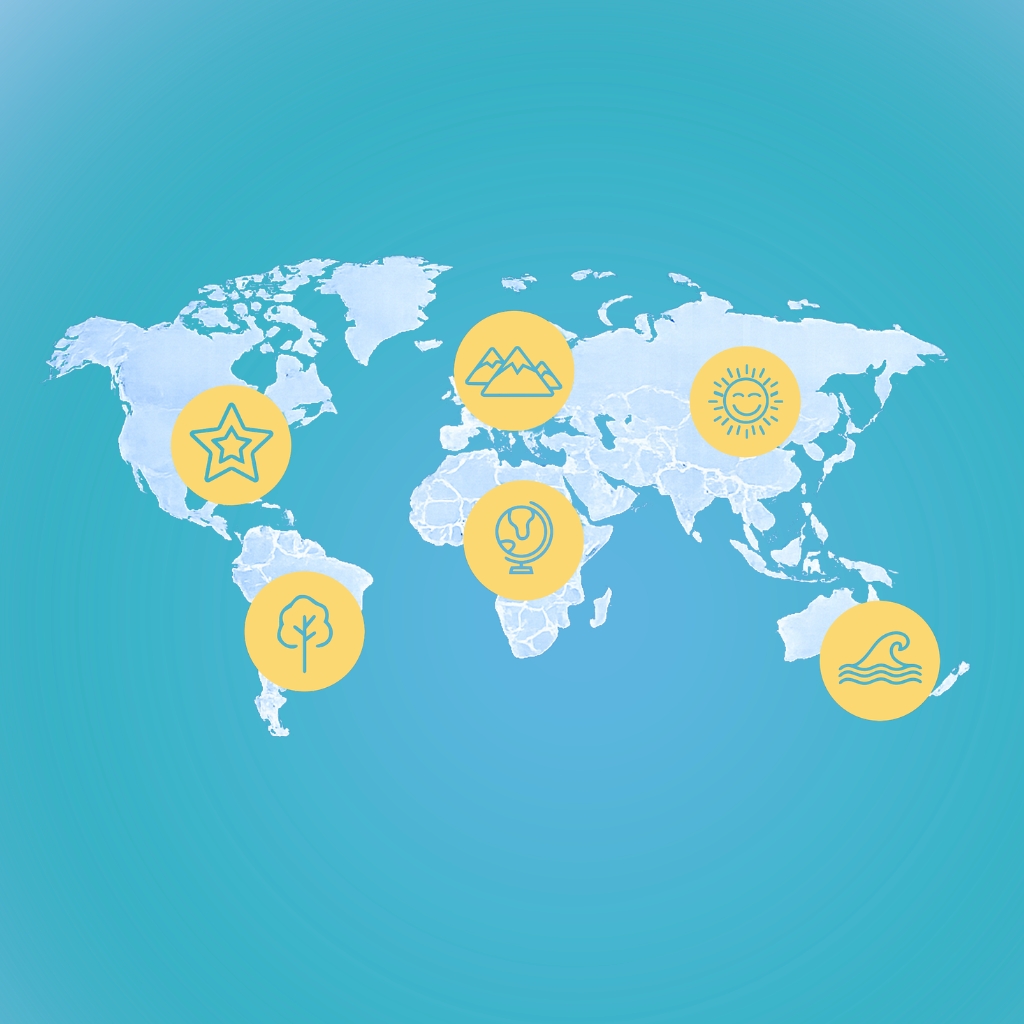 A world map with six yellow circles, each containing different icons: a star, mountains, a sun, a tree, a globe, and a wave, placed over various continents on a blue background.