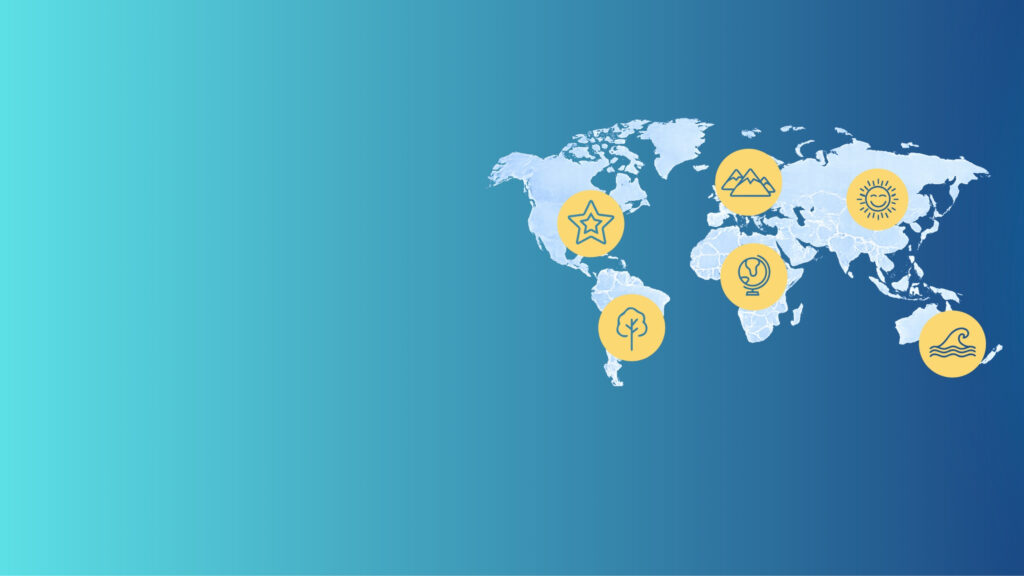 A world map with five yellow icons representing a star, mountains, sun, tree, and swimmer, placed over different continents on a blue gradient background. The left side of the image is blank.