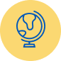 A simple blue outline of a globe on a stand, displayed against a yellow circular background.